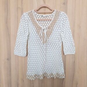 Solitaire Womens Lace Crochet Top Size M Ivory Sheer Boho Cottage Beach Festival